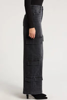 Nori High Rise Wide LEg Cargo Style HD9299-CHA in Charcoal;Washed Black Wide Leg Cargo Jeans; 