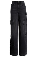 Nori High Rise Wide LEg Cargo Style HD9299-CHA in Charcoal;Washed Black Wide Leg Cargo Jeans; 