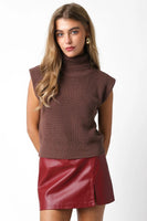 Olivaceous Clothing Danika Sweater Style JT2024-81 in Mocha Brown; sleeveless cotton turtleneck  sweater