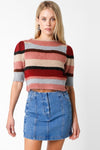 Olivaceous Clothing Willow Sweater Style JT2023-35 in  Marsala Stripe Combo; puff sleeve sweater;short sleeve striped sweater;cropped sweater