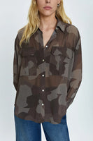 Pistola Denim Reese Sheer Button Down Shirt Style P00045093GP Camo) in Camo;Sheer Button Down Blouse;Sheer Camo Shirt;Fall Top; 