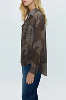 Pistola Denim Reese Sheer Button Down Shirt Style P00045093GP Camo) in Camo;Sheer Button Down Blouse;Sheer Camo Shirt;Fall Top; 