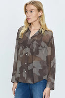 Pistola Denim Reese Sheer Button Down Shirt Style P00045093GP Camo) in Camo;Sheer Button Down Blouse;Sheer Camo Shirt;Fall Top; 