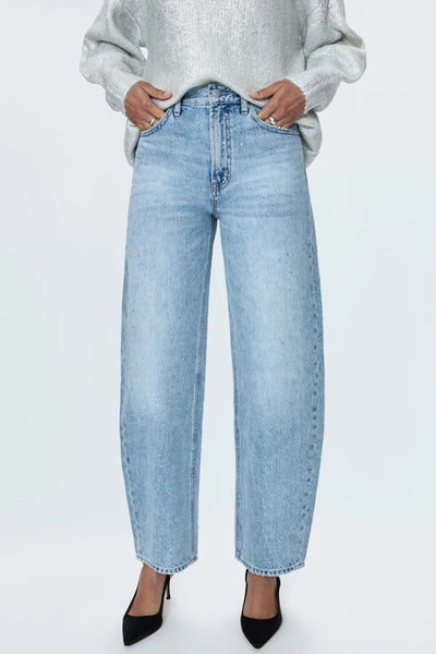 Pistola Denim Hendrix Lexi Mid Rise Bowed Straight Style P00016200RL SATLE in Satellite;Studded Jeans; 