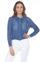 RAin and Rose Clothing Amity Knit Collar Top Style SW4015 in Navy; Blue Open Knit Button Front Spring Cardigan Top