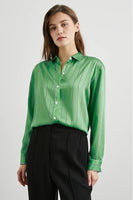 Rails Clothing Elias Shirt Style 524-337-7368 in Basil Stripe;Striped Button Down Shirt;Rails Satin Stroped Button Down;menswear-inspired Women's Button Down Shirt