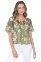 Rain and Rose Clothing Amara Floral Puff Sleeve Blouse Style OR6111 in green; Green Floral Short Puff Sleeve Top