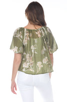 Rain and Rose Clothing Amara Floral Puff Sleeve Blouse Style OR6111 in green; Green Floral Short Puff Sleeve Top