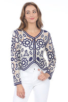 Rain and Rose Clothing Ivy Knit Cardigan Style SW4436 in White with Navy; Eyelet Floral Cutout Top; Eyelet Cutout Cardigan Top