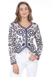 Rain and Rose Clothing Ivy Knit Cardigan Style SW4436 in White with Navy; Eyelet Floral Cutout Top; Eyelet Cutout Cardigan Top