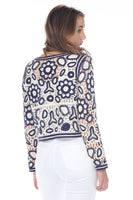 Rain and Rose Clothing Ivy Knit Cardigan Style SW4436 in White with Navy; Eyelet Floral Cutout Top; Eyelet Cutout Cardigan Top