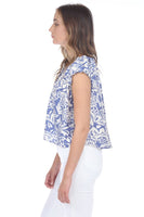 Rain and Rose Clothing Soleil Mae Floral Blouse Style OR6107 in Blue; Blue Floral Ruffle Cap Sleeve Top