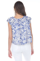 Rain and Rose Clothing Soleil Mae Floral Blouse Style OR6107 in Blue; Blue Floral Ruffle Cap Sleeve Top