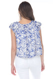 Rain and Rose Clothing Soleil Mae Floral Blouse Style OR6107 in Blue; Blue Floral Ruffle Cap Sleeve Top