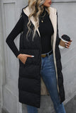 Rosa Clothing Zippered Sleeveless Hooded Long Padded Vest Style RCJW03688 in Black; Spring Transition vest; long black outerwear vest