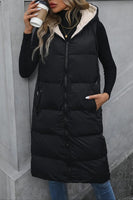 Rosa Clothing Zippered Sleeveless Hooded Long Padded Vest Style RCJW03688 in Black; 