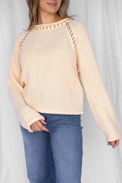 Sage the Label Reyna Stitch Detail Sweater Style LG3486 in Ivory; Coy Fall Sweater; The Perfect Fall Sweater; Rolled Hem Cozy all Sweater