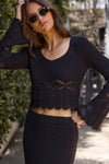 Saltwater Luxe Monica Sweater Style S3379 in Black; Bell Sleeve Pointelle Sweater; Cropped Black Bell Sleeve Sweater