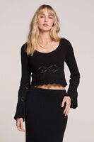 Saltwater Luxe Monica Sweater Style S3379 in Black; Bell Sleeve Pointelle Sweater; Cropped Black Bell Sleeve Sweater