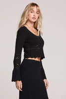 Saltwater Luxe Monica Sweater Style S3379 in Black; Bell Sleeve Pointelle Sweater; Cropped Black Bell Sleeve Sweater