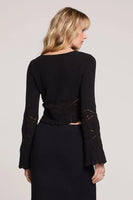 Saltwater Luxe Monica Sweater Style S3379 in Black; Bell Sleeve Pointelle Sweater; Cropped Black Bell Sleeve Sweater