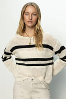 Sanctuary Clothing Sporty Stripe Open Knit Sweater Style CW1495MU7 in Eco Natural with Black Stripes; OPen Knit Spring Sweater