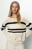 Sanctuary Clothing Sporty Stripe Open Knit Sweater Style CW1495MU7 in Eco Natural with Black Stripes; OPen Knit Spring Sweater