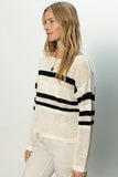 Sanctuary Clothing Sporty Stripe Open Knit Sweater Style CW1495MU7 in Eco Natural with Black Stripes; OPen Knit Spring Sweater