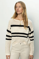 Sanctuary Clothing Sporty Stripe Open Knit Sweater Style CW1495MU7 in Eco Natural with Black Stripes; OPen Knit Spring Sweater