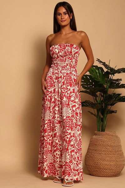 Shorebrand Strapless Corsica Dress Style SW3103D-GA in Ruby Blossom;Strapless Tropical Print Dress; 