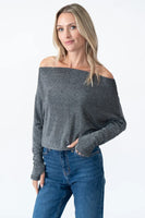 Six Fifty Clothing Anywhere Top Style SF0396H in Sliver; Holiday Top;  Off the Shoulder Sparkle Top; NYE Top; Night Out Top; Party Top