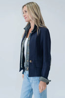 Six Fifty Clothing Clarissa Made in Italy Blazer Style SF101 in Both Navy and In Ivory; Blazer over Denim Jacket Layered Combination