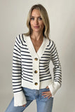 Six Fifty Clothing Kimberly Striped Buttoned Sweater Style SF1402 in White;Striped Button Front Spring Cardigan Sweater; 