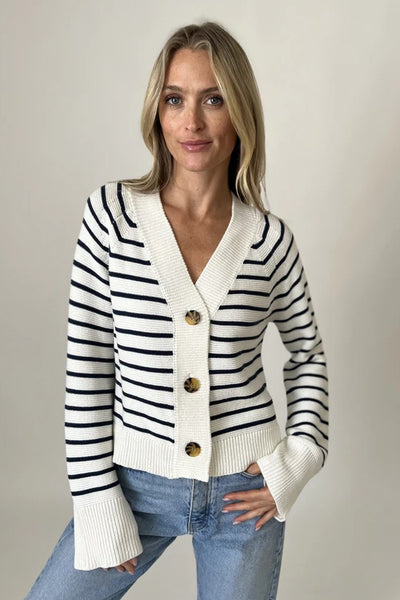 Six Fifty Clothing Kimberly Striped Buttoned Sweater Style SF1402 in White;Striped Button Front Spring Cardigan Sweater; 