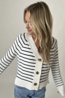 Six Fifty Clothing Kimberly Striped Buttoned Sweater Style SF1402 in White;Striped Button Front Spring Cardigan Sweater; 