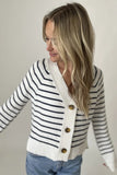 Six Fifty Clothing Kimberly Striped Buttoned Sweater Style SF1402 in White;Striped Button Front Spring Cardigan Sweater; 