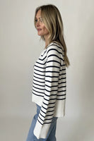 Six Fifty Clothing Kimberly Striped Buttoned Sweater Style SF1402 in White;Striped Button Front Spring Cardigan Sweater; 