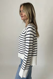 Six Fifty Clothing Kimberly Striped Buttoned Sweater Style SF1402 in White;Striped Button Front Spring Cardigan Sweater; 