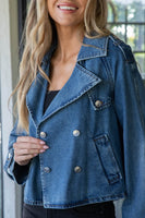 Steve Madden Apparel Sirus Cropped Trench Coat Jacket, Blue Denim Style BO302455BLDM; 