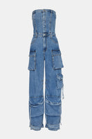 Steve Madden Apparel Zara Jumpsuit Style BO303934BLDM;Strapless Denim Jumpsuit;Denim Cargo Jumpsuit;Steve Madden Strapless Deniim Cargo Jumpsuit; 