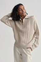 Varley Clothing Camello Cable Knit Sweater Style VAR02160 in Parchment;Winter Half Zip Sweater;Collared Cable Knit Half Zip Sweater;Apres Ski Sweater;Winter Cable Knit Sweater; 