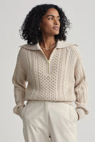 Varley Clothing Camello Cable Knit Sweater Style VAR02160 in Parchment;Winter Half Zip Sweater;Collared Cable Knit Half Zip Sweater;Apres Ski Sweater;Winter Cable Knit Sweater; 