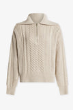 Varley Clothing Camello Cable Knit Sweater Style VAR02160 in Parchment;Winter Half Zip Sweater;Collared Cable Knit Half Zip Sweater;Apres Ski Sweater;Winter Cable Knit Sweater; 