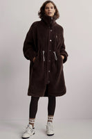 Varley Clothing Jones Coat Style VAR01095 In Coffee Bean and also in Sandshell;long sherpa coat;winter sherpa coat; Long Waist Cinch Winter Coat