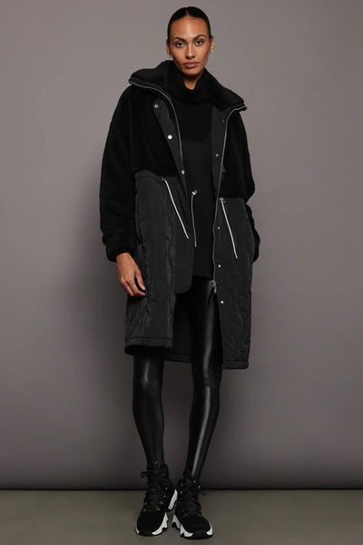 Varley Clothing Walsh Quilt Sherpa Coat Style Var01600 in Black;Long Winter Coat; Varley Long Sherpa and Nylon Coat