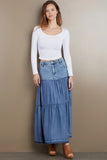 Wash Lab Fun Denim Maxi Skirt Style WL1952S DNMLO in Denim Love;Tiered Denim Maxi Skirt;Spring Denim Skirt; 