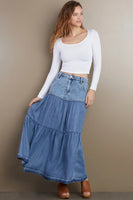 Wash Lab Fun Denim Maxi Skirt Style WL1952S DNMLO in Denim Love;Tiered Denim Maxi Skirt;Spring Denim Skirt; 