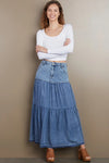 Wash Lab Fun Denim Maxi Skirt Style WL1952S DNMLO in Denim Love;Tiered Denim Maxi Skirt;Spring Denim Skirt; 