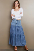 Wash Lab Fun Denim Maxi Skirt Style WL1952S DNMLO in Denim Love;Tiered Denim Maxi Skirt;Spring Denim Skirt; 