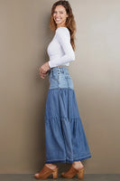 Wash Lab Fun Denim Maxi Skirt Style WL1952S DNMLO in Denim Love;Tiered Denim Maxi Skirt;Spring Denim Skirt; 